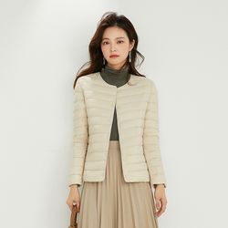 women's ultralight quilted puffer coat, variable v neck, collarless duck down jacket for winter warmth