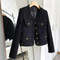 Elegant Socialite Blacktweed Cropped Jacket, 2024 New Spring Autumn Thin, Long Sleeve Crew Neck Top