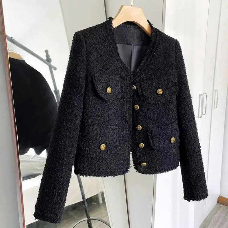 Elegant Socialite Blacktweed Cropped Jacket, 2024 New Spring Autumn Thin, Long Sleeve Crew Neck Top