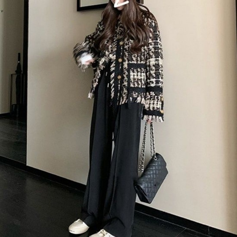 Chic Tweed Jacket, Women's Plaid Blazer with Tassel, Long Sleeve Streetwear and Office Coat for Spring Autumn