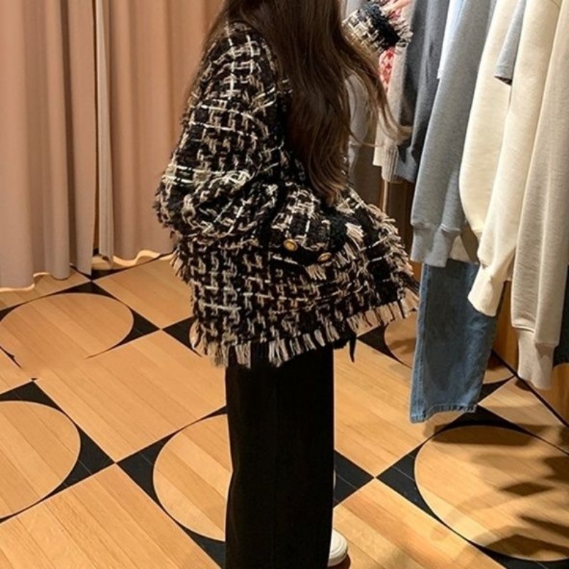 Chic Tweed Jacket, Women's Plaid Blazer with Tassel, Long Sleeve Streetwear and Office Coat for Spring Autumn