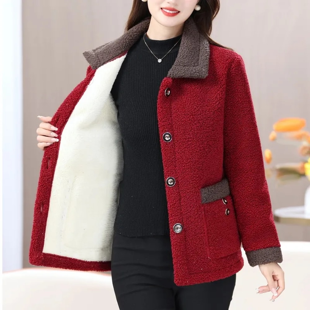 Velvet Thickened Warm Coat for Women, Luxurious Lamb Fur Style, Loose Fit Winter Jacket for Middle Aged Ladies, Winter