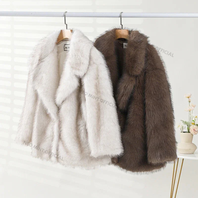 Gradient Fur Coat, Neo Mint Color, Thick Warm Winter Jacket, Faux Fox Fur Outerwear for Women
