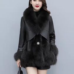 women's mid long faux fur jacket, winter warm coat with pu leather splicing, long sleeve thickened outwear