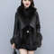 Women's Mid Long Faux Fur Jacket, Winter Warm Coat with PU Leather Splicing, Long Sleeve Thickened Outwear