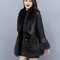 Women's Mid Long Faux Fur Jacket, Winter Warm Coat with PU Leather Splicing, Long Sleeve Thickened Outwear