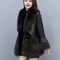 Women's Mid Long Faux Fur Jacket, Winter Warm Coat with PU Leather Splicing, Long Sleeve Thickened Outwear