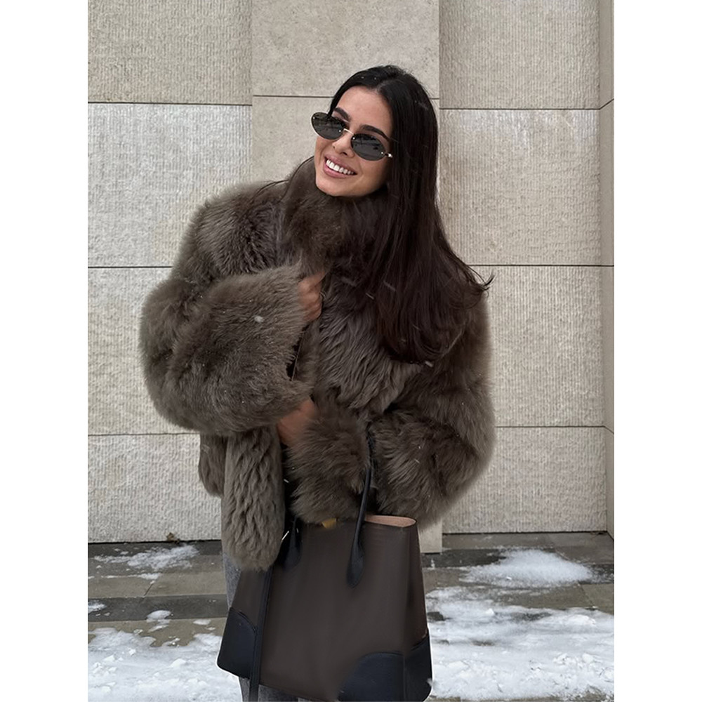 Elegant Womens Faux Fur Short Jacket, Stand Collar, Single Breasted Loose Coat, 2025 High Street Fashion