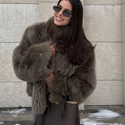 elegant womens faux fur short jacket, stand collar, single breasted loose coat, 2025 high street fashion