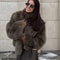 Elegant Womens Faux Fur Short Jacket, Stand Collar, Single Breasted Loose Coat, 2025 High Street Fashion