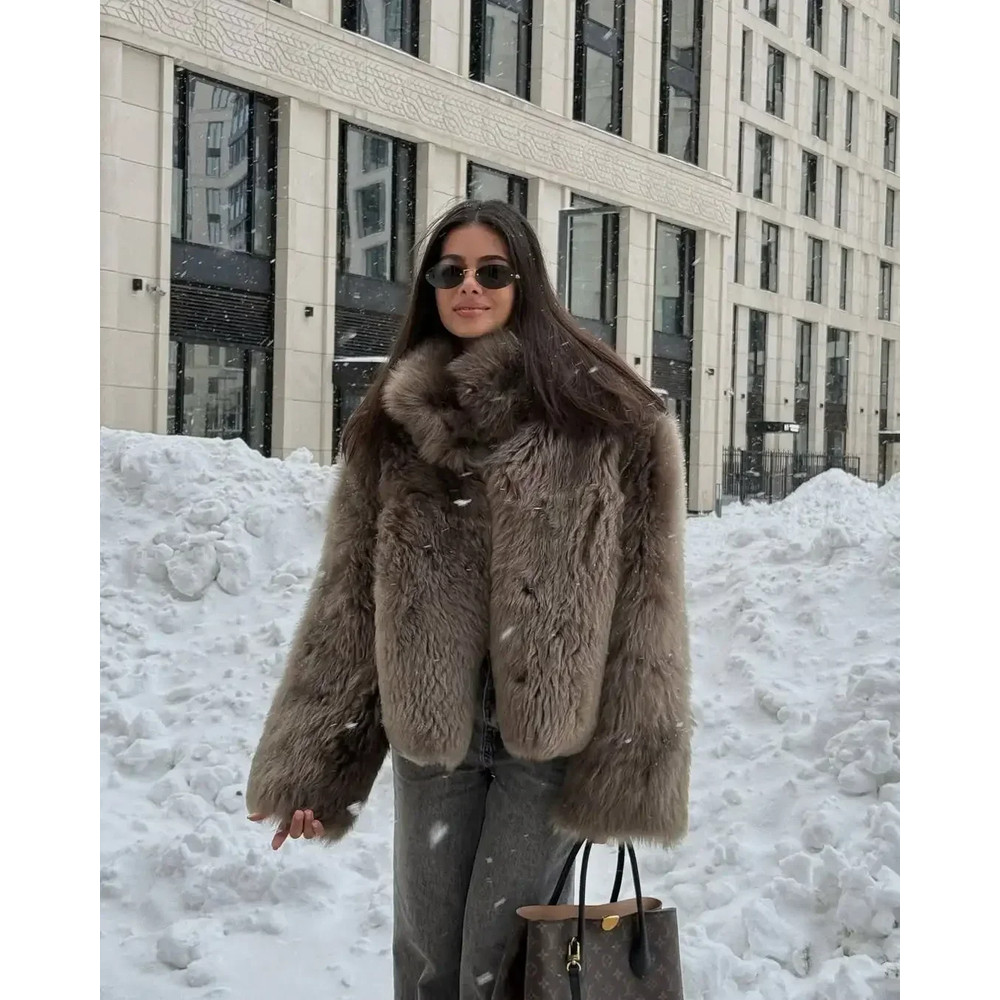 Elegant Womens Faux Fur Short Jacket, Stand Collar, Single Breasted Loose Coat, 2025 High Street Fashion