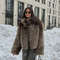Elegant Womens Faux Fur Short Jacket, Stand Collar, Single Breasted Loose Coat, 2025 High Street Fashion