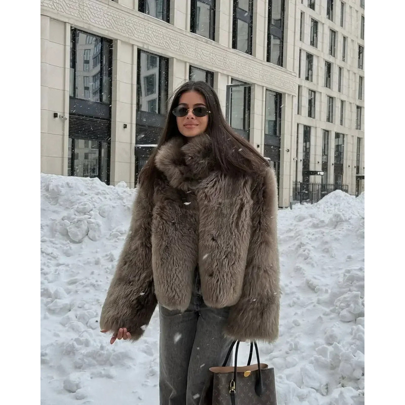 Elegant Womens Faux Fur Short Jacket, Stand Collar, Single Breasted Loose Coat, 2025 High Street Fashion