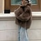 Elegant Womens Faux Fur Short Jacket, Stand Collar, Single Breasted Loose Coat, 2025 High Street Fashion