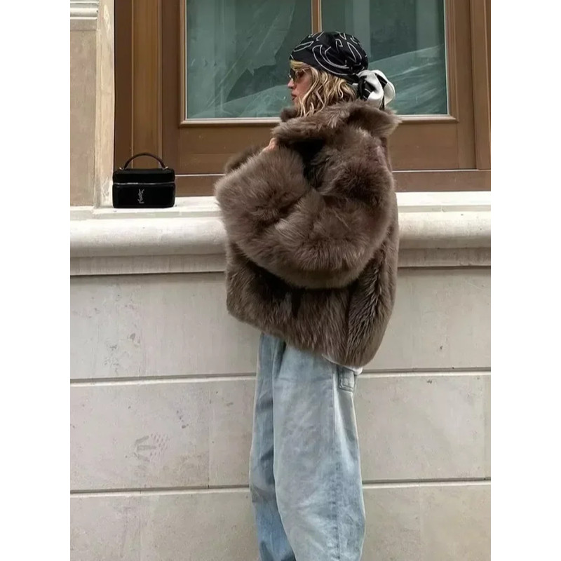 Elegant Womens Faux Fur Short Jacket, Stand Collar, Single Breasted Loose Coat, 2025 High Street Fashion