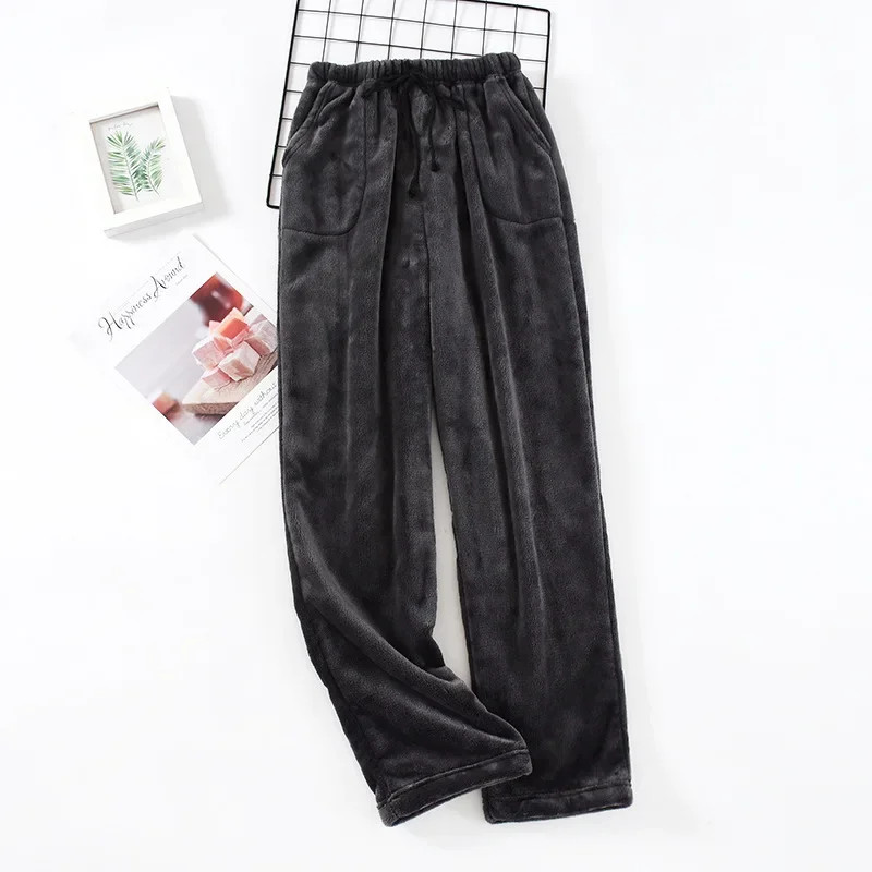 Thick Coral Fleece Pajama Pants, Fall and Winter Flannel Pajamas for Men, Loose Fit Large Size Home Wear, Womens Straigh