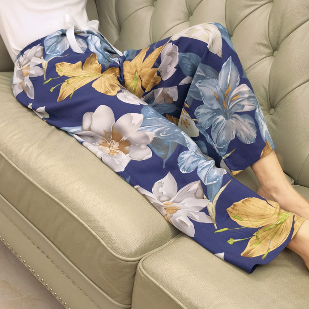 Women's Floral Print Pajama Pants, Loose Fit Viscose Loungewear, Anti Mosquito Wide Leg Pants for Summer and Autumn