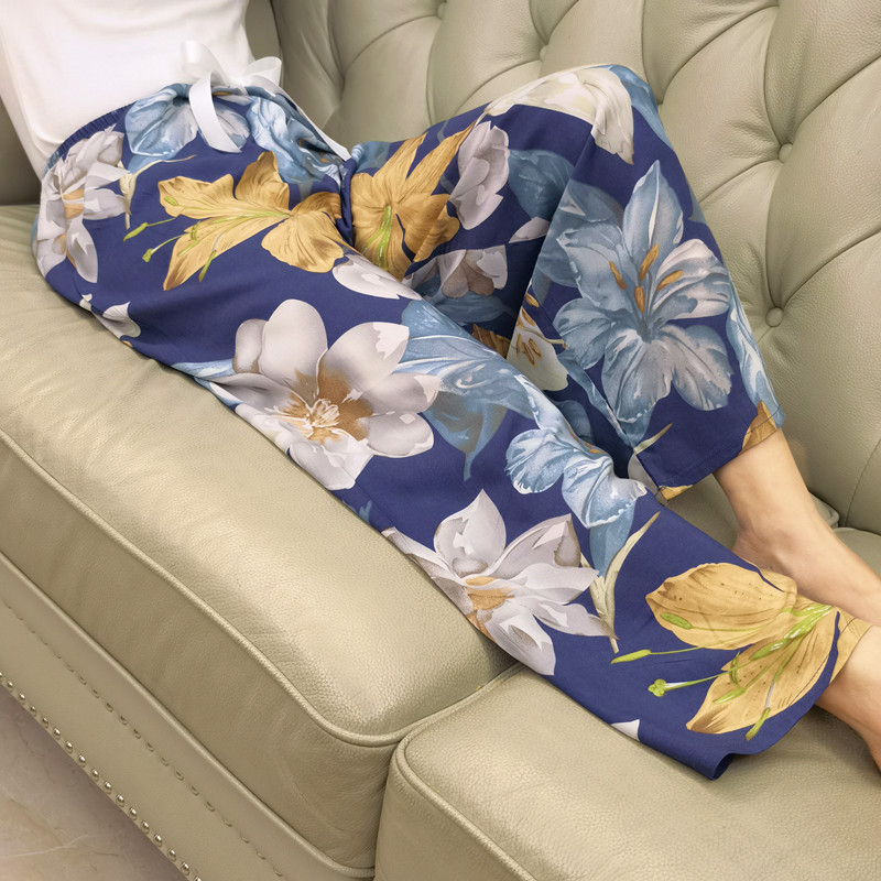 Women's Floral Print Pajama Pants, Loose Fit Viscose Loungewear, Anti Mosquito Wide Leg Pants for Summer and Autumn