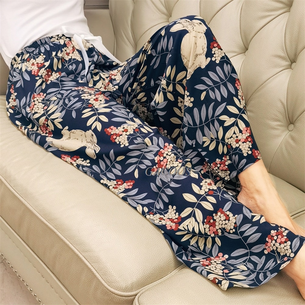 Women's Floral Print Pajama Pants, Loose Fit Viscose Loungewear, Anti Mosquito Wide Leg Pants for Summer and Autumn