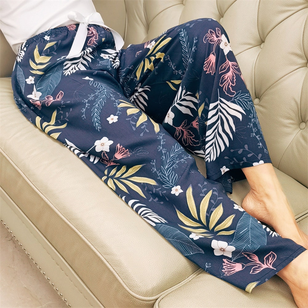 Women's Floral Print Pajama Pants, Loose Fit Viscose Loungewear, Anti Mosquito Wide Leg Pants for Summer and Autumn
