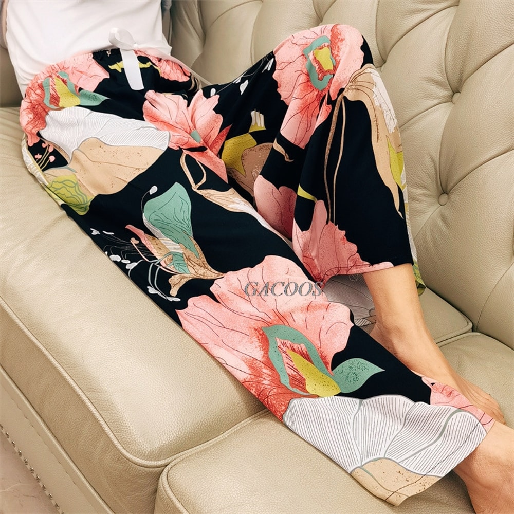 Women's Floral Print Pajama Pants, Loose Fit Viscose Loungewear, Anti Mosquito Wide Leg Pants for Summer and Autumn