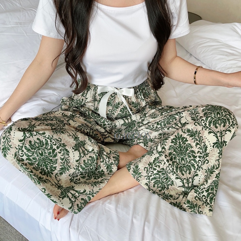 Women's Floral Print Pajama Pants, Loose Fit Viscose Loungewear, Anti Mosquito Wide Leg Pants for Summer and Autumn