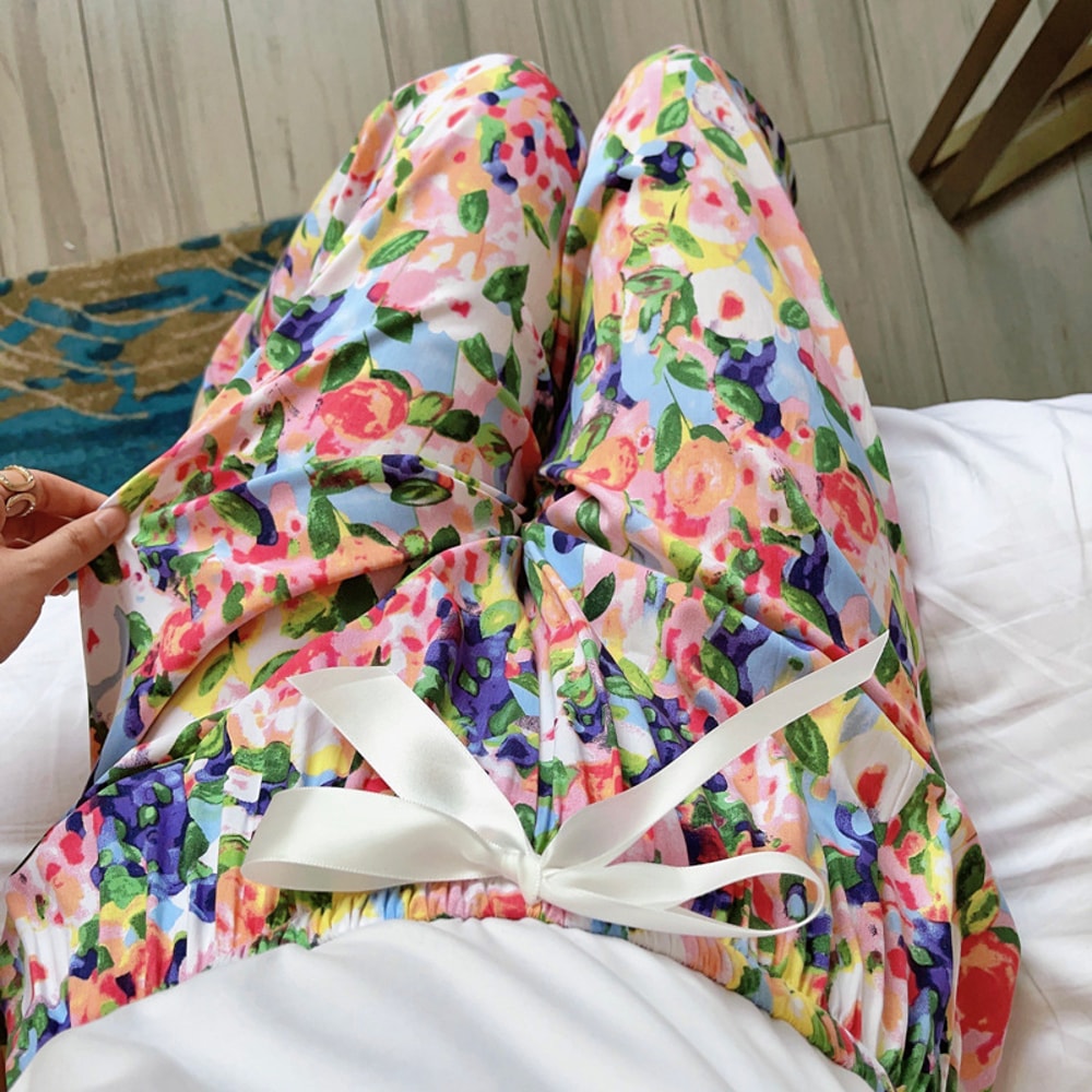 Women's Floral Print Pajama Pants, Loose Fit Viscose Loungewear, Anti Mosquito Wide Leg Pants for Summer and Autumn