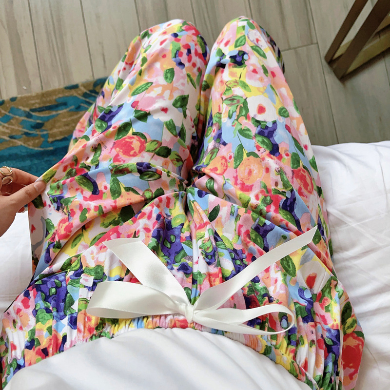 Women's Floral Print Pajama Pants, Loose Fit Viscose Loungewear, Anti Mosquito Wide Leg Pants for Summer and Autumn
