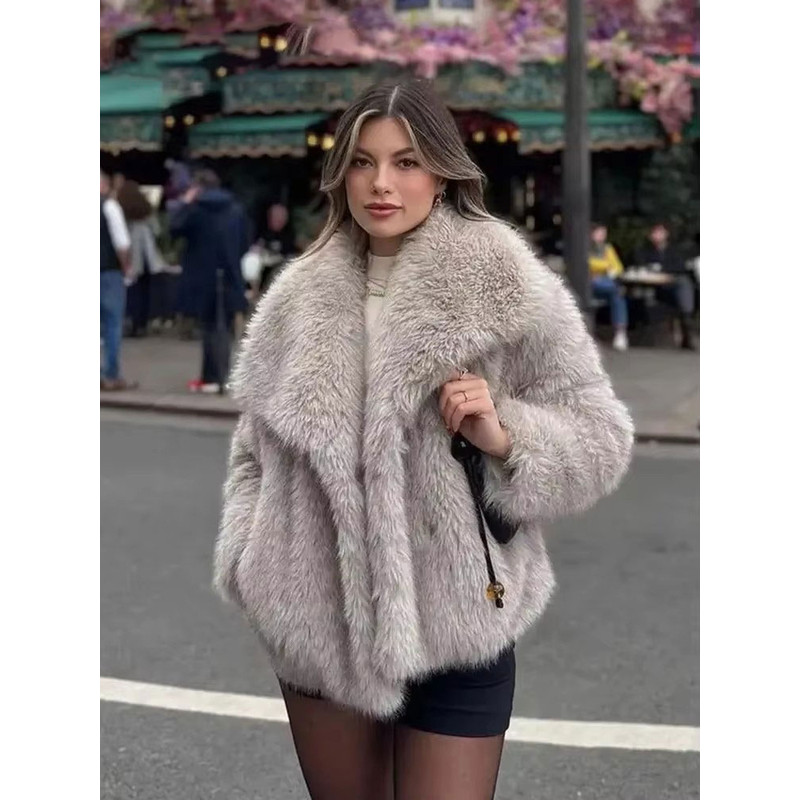 HH Women Elegant Faux Fur Coat Warm Fluffy Loose Long Sleeve Lapel Jacket Autumn Winter Fashion High Street Lady Outerwear