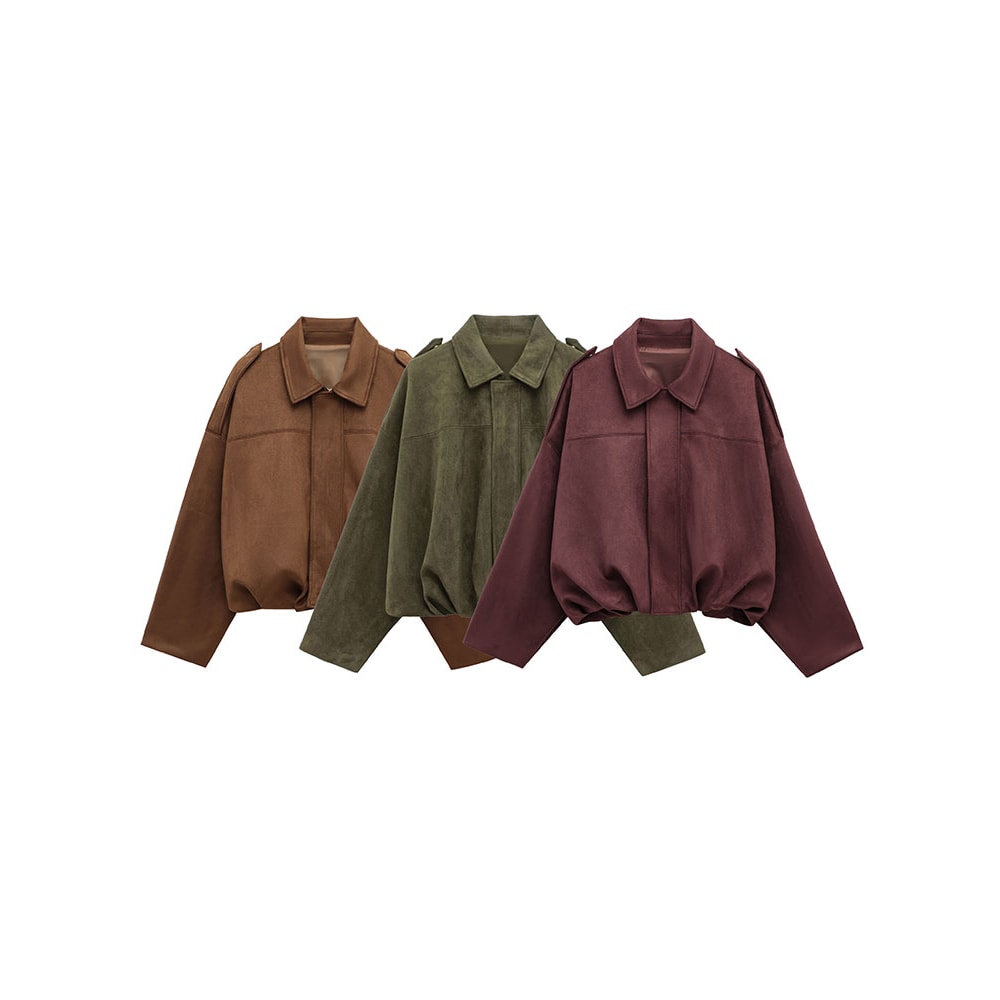 Vintage Brown Suede Jacket For Women Casual Loose Fit Bomber Coat Green Lapel Motorcycle Style 1