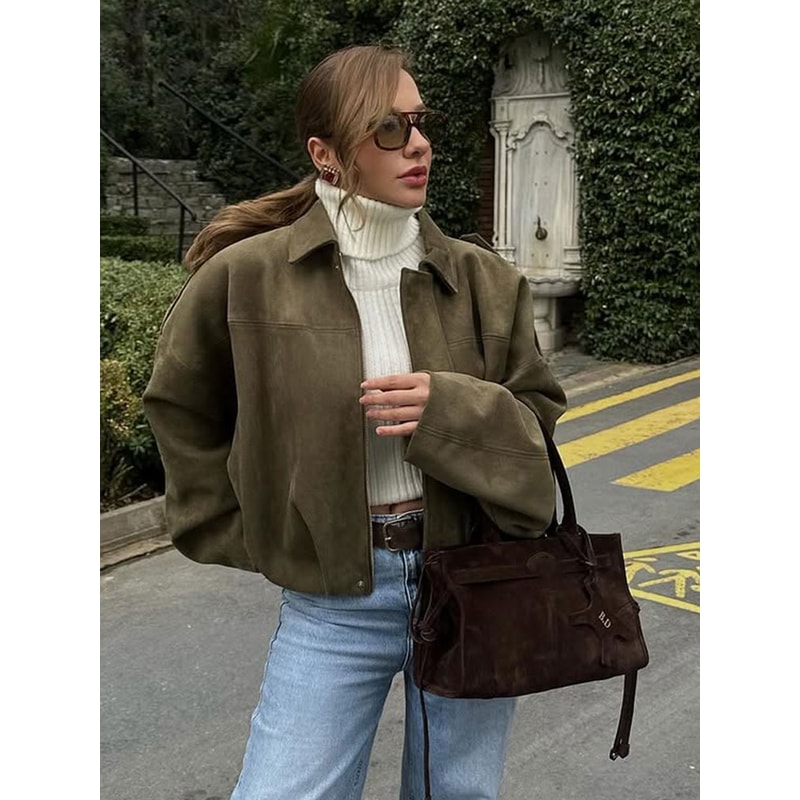 Vintage Brown Suede Jacket For Women Casual Loose Fit Bomber Coat Green Lapel Motorcycle Style 2