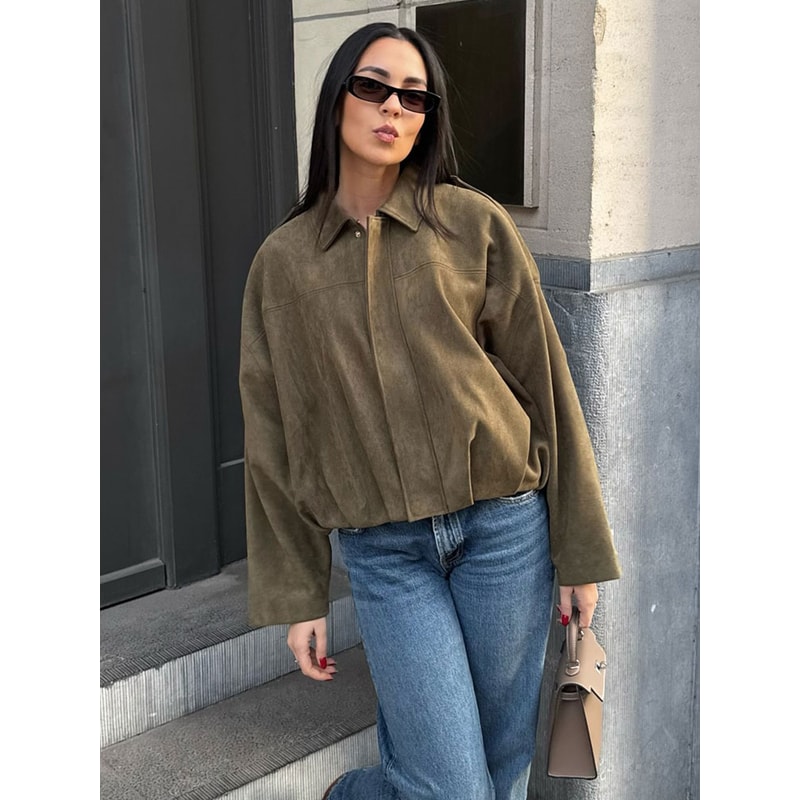 Vintage Brown Suede Jacket For Women Casual Loose Fit Bomber Coat Green Lapel Motorcycle Style 3