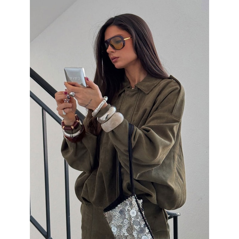 Vintage Brown Suede Jacket For Women Casual Loose Fit Bomber Coat Green Lapel Motorcycle Style 5