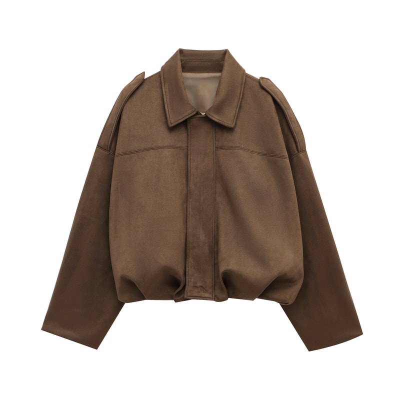 Vintage Brown Suede Jacket For Women Casual Loose Fit Bomber Coat Green Lapel Motorcycle Style 8