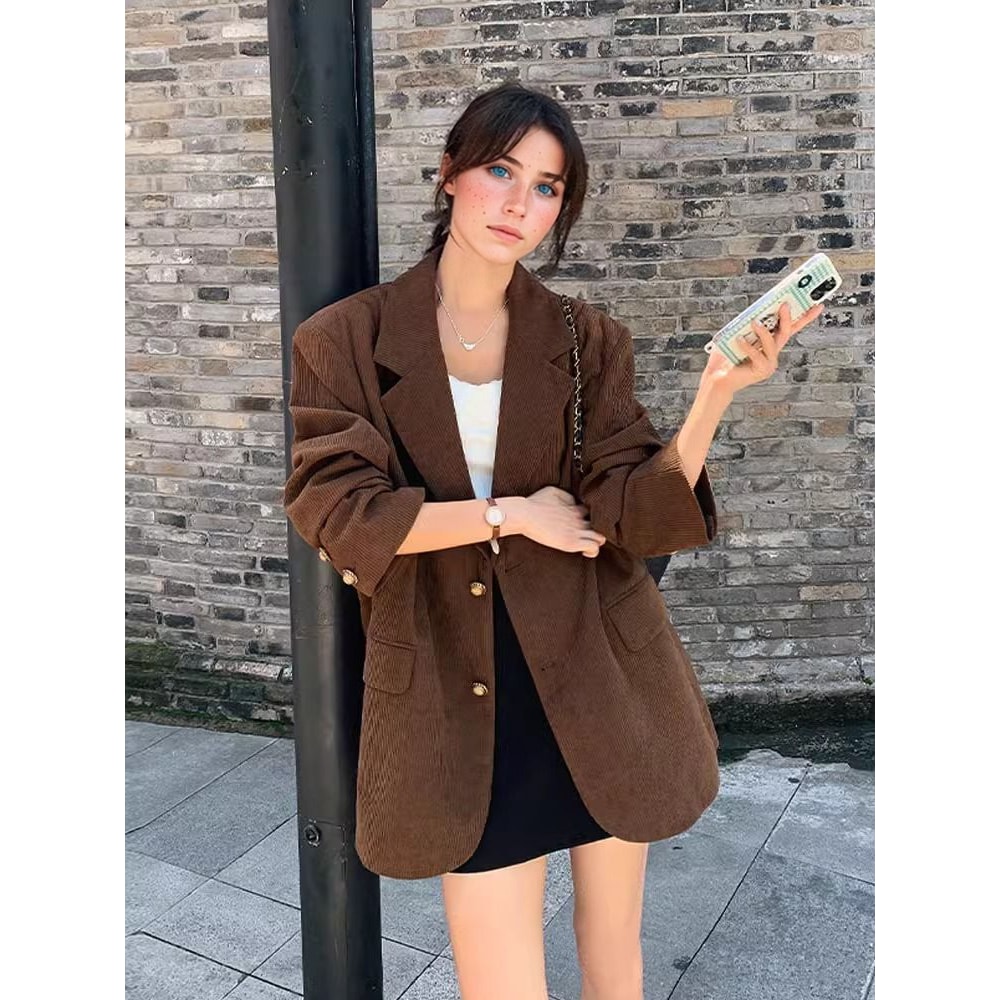 Vintage Corduroy Blazer for Women, Autumn Fashion Coat, Single Breasted, Loose Fit, Solid Color, Casual Blazer Clothing