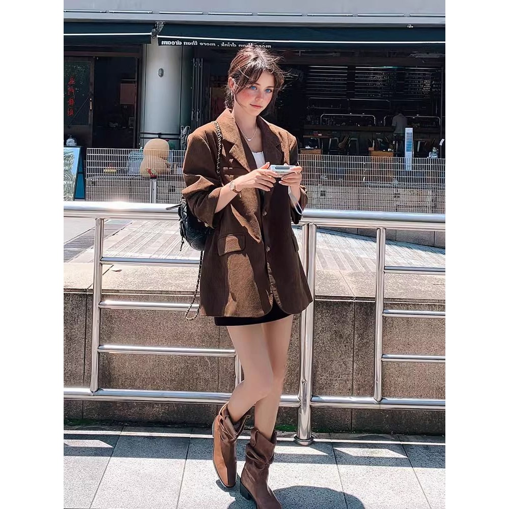 Vintage Corduroy Blazer for Women, Autumn Fashion Coat, Single Breasted, Loose Fit, Solid Color, Casual Blazer Clothing