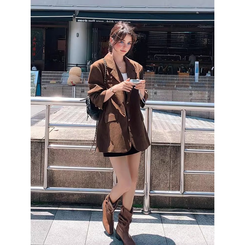 Vintage Corduroy Blazer for Women, Autumn Fashion Coat, Single Breasted, Loose Fit, Solid Color, Casual Blazer Clothing