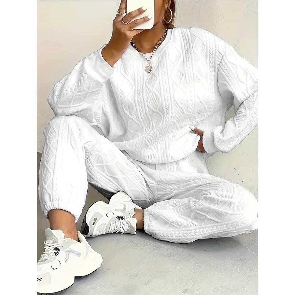 Comfortable Autumn and Winter Outfit, Womens Twist Knit Textured Home Two-Piece Set, Casual Fashion Wear