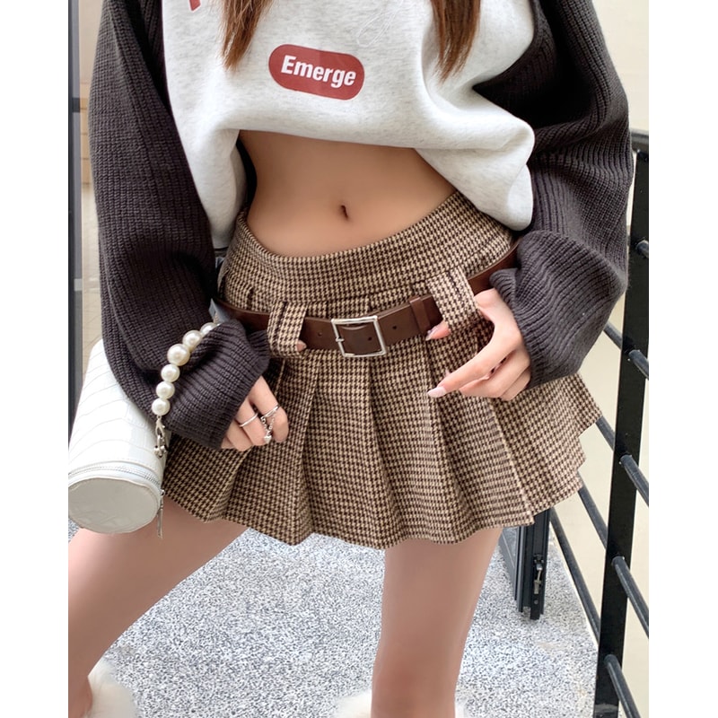Woolen Pleated Mini Skirt, Low Rise Houndstooth with Belt, Ladies Autumn Winter Outfit