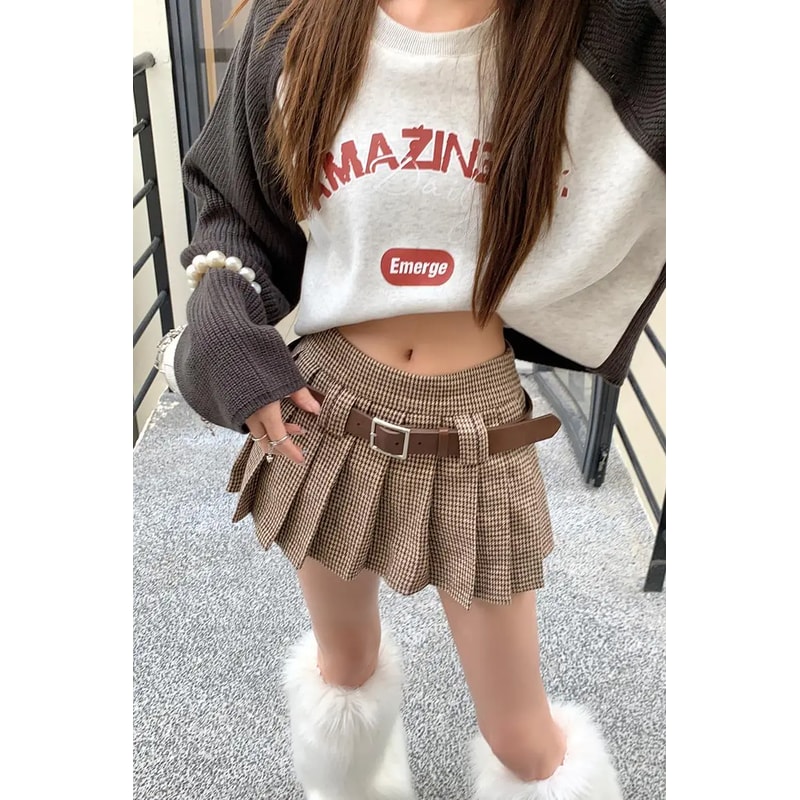 Woolen Pleated Mini Skirt, Low Rise Houndstooth with Belt, Ladies Autumn Winter Outfit
