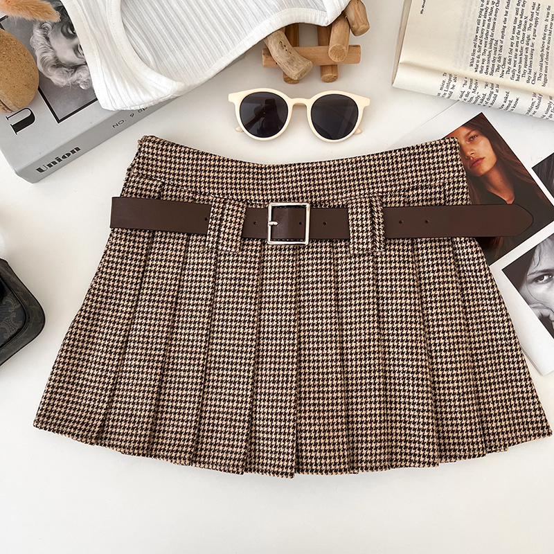 Woolen Pleated Mini Skirt, Low Rise Houndstooth with Belt, Ladies Autumn Winter Outfit