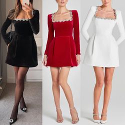 elegant short velvet dress, diamond embellished square neck, women's spring fashion