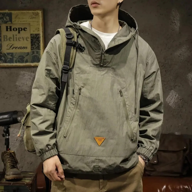 Men's Outdoor Workwear Jacket, Japanese Style Hooded Punching Clothes, Loose Fit Casual Half Zipper, Spring Autumn Coat