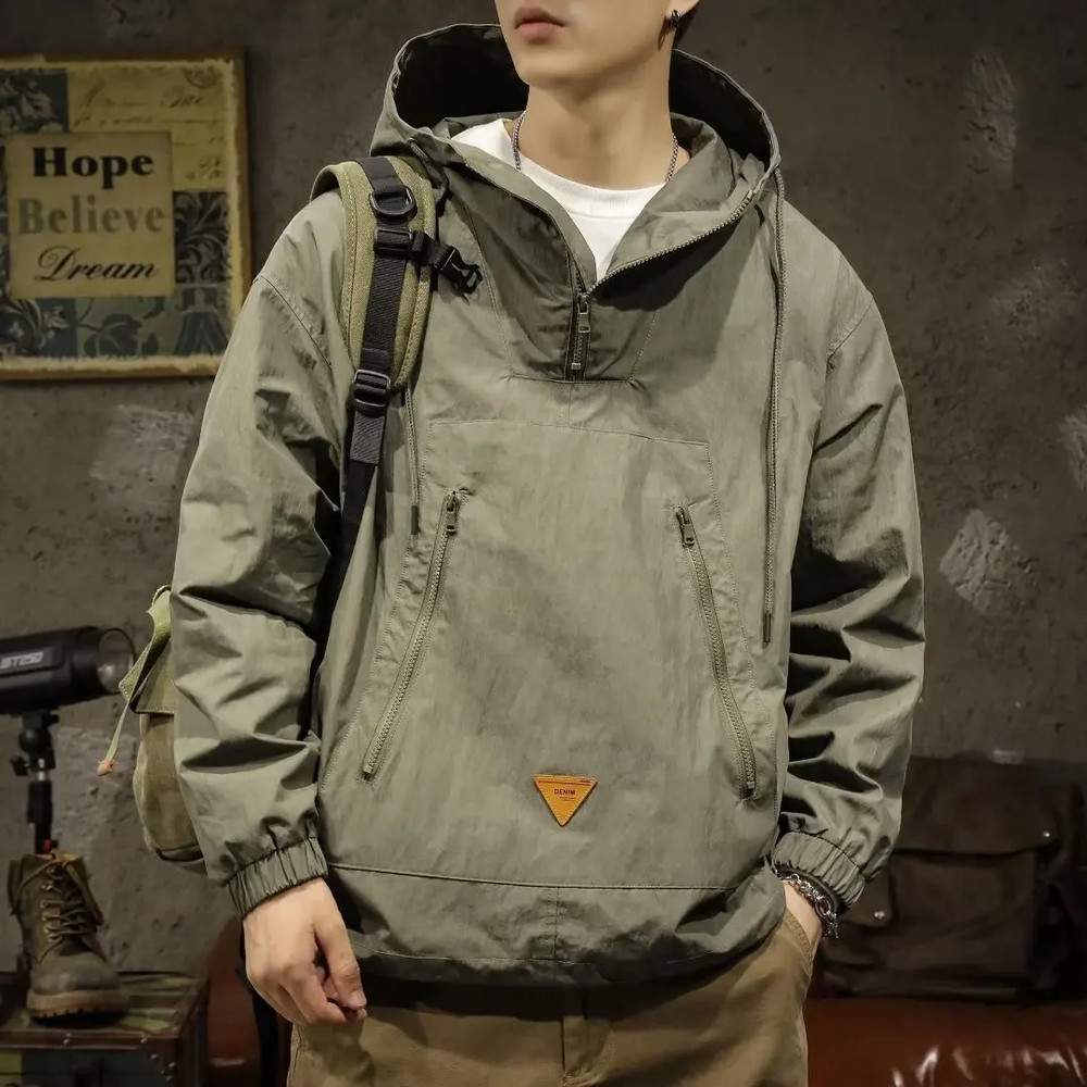 Men's Outdoor Workwear Jacket, Japanese Style Hooded Punching Clothes, Loose Fit Casual Half Zipper, Spring Autumn Coat