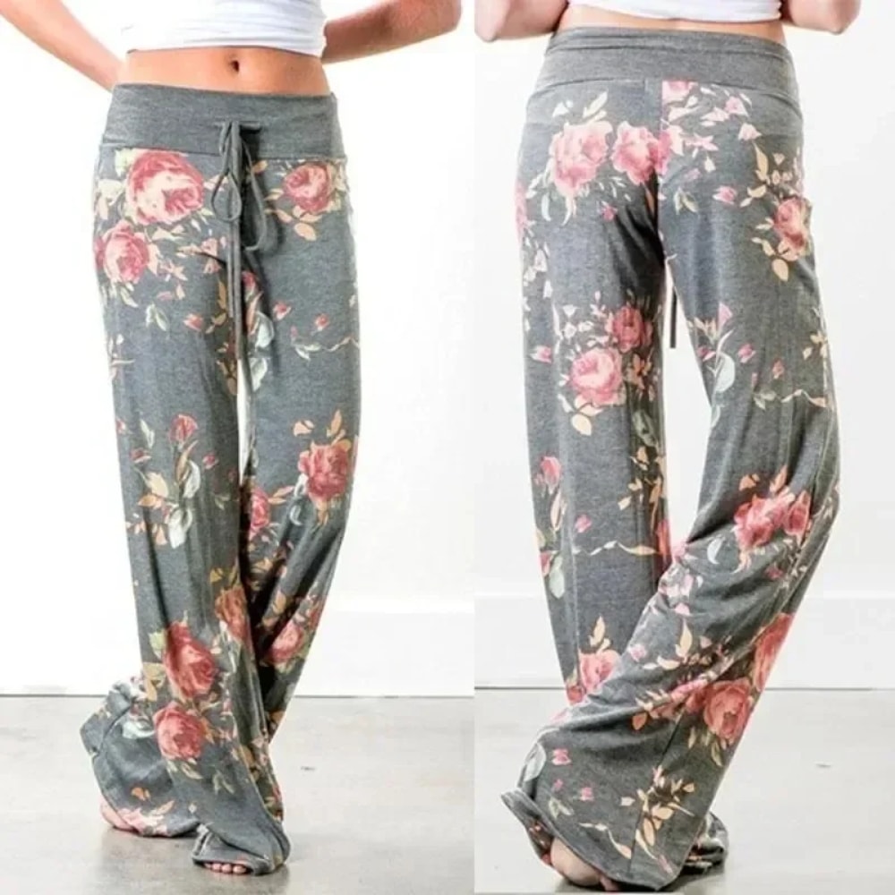 Women's Loose Fit Lounge Pants, Stretch Yoga Pants, Casual Wide Leg Printing Pajama Pants with Drawstring