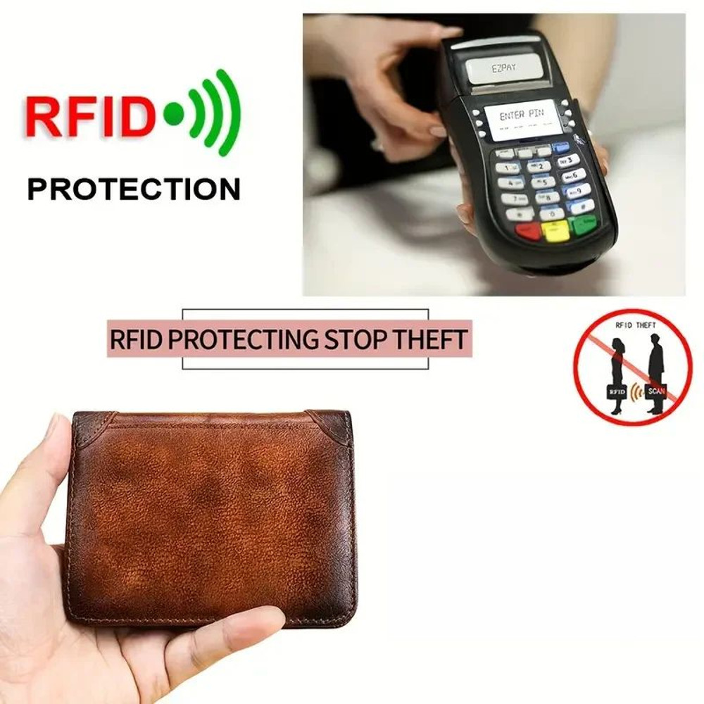 Mens Genuine Leather Wallet RFID Anti Theft Large Capacity Trifold Fashion Card Holder With Photo P 3