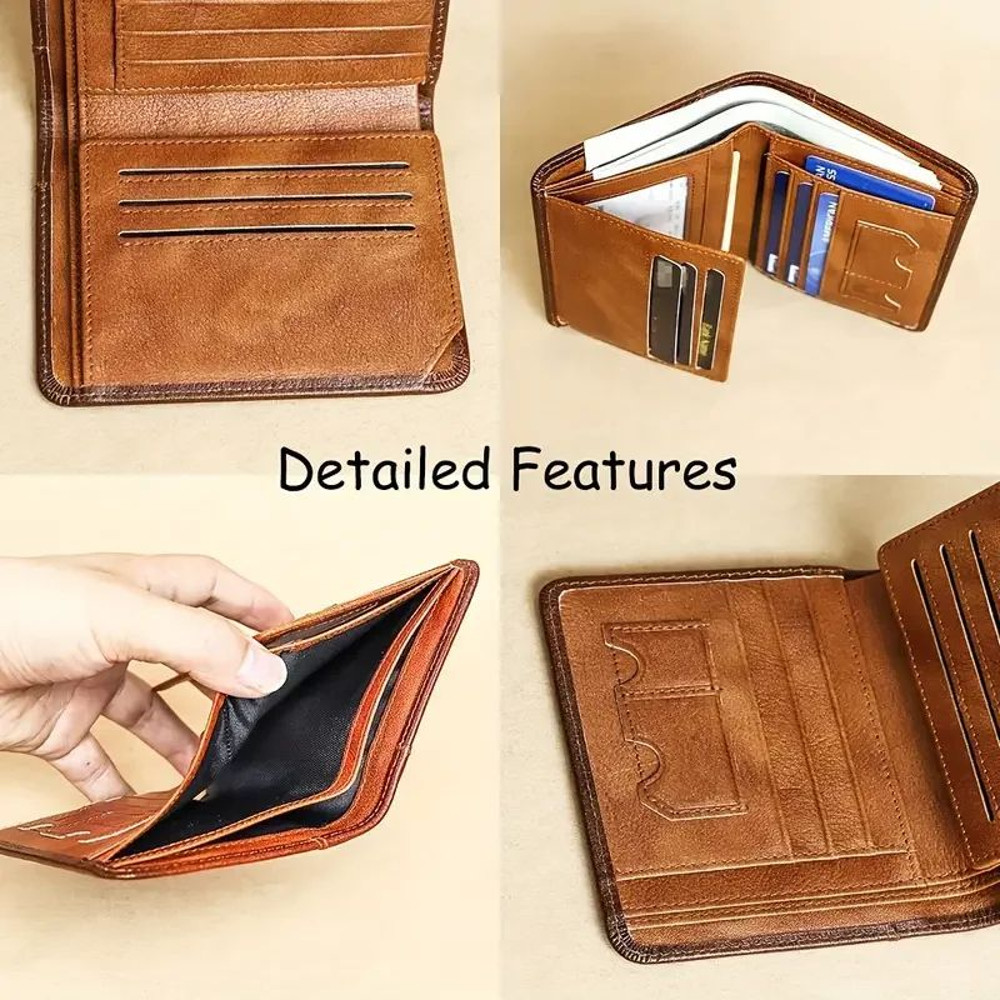 Mens Genuine Leather Wallet RFID Anti Theft Large Capacity Trifold Fashion Card Holder With Photo P 4