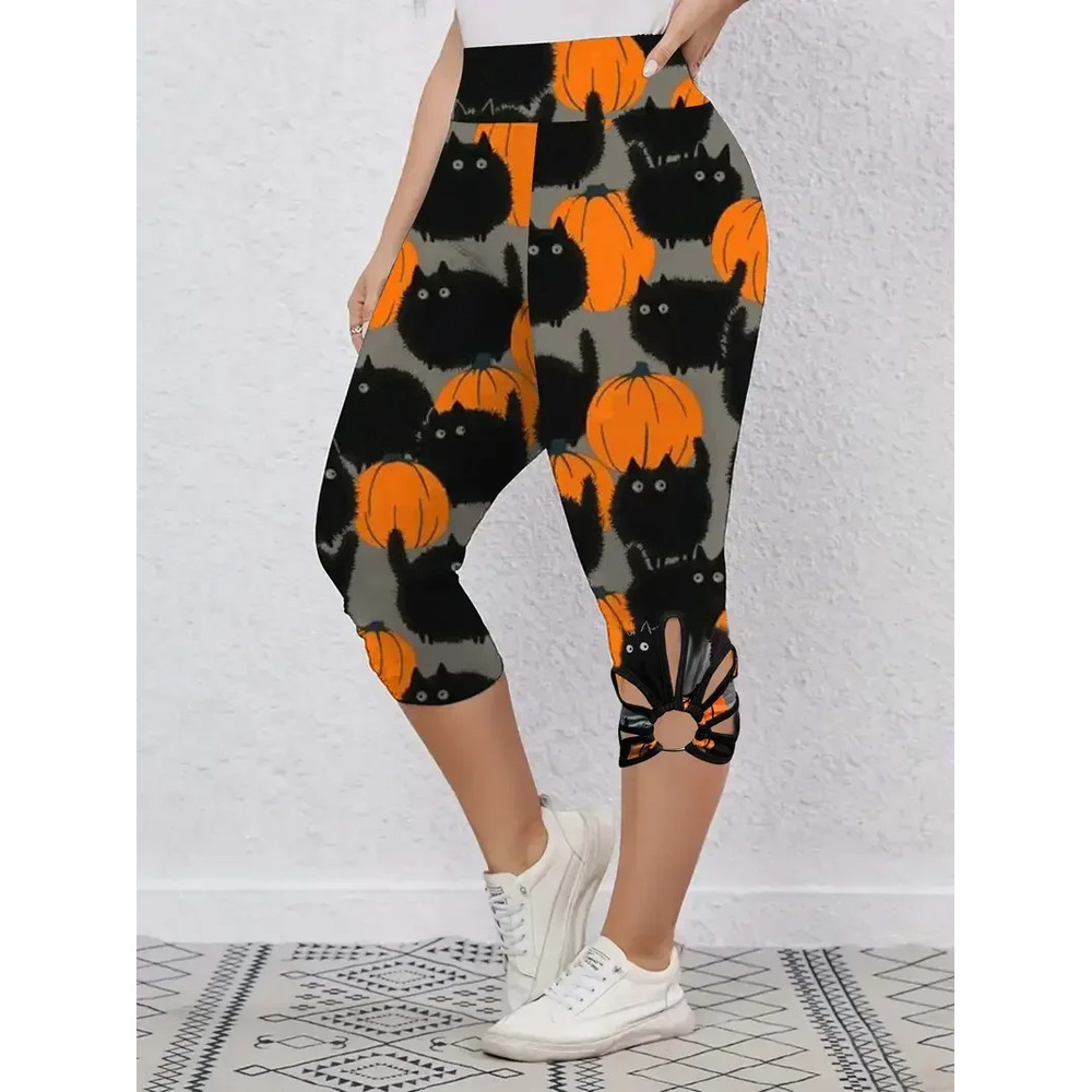 New Womens Fashion Capri Leggings High Rise Allover Cat And Pumpkin Print Cut Out Design 0