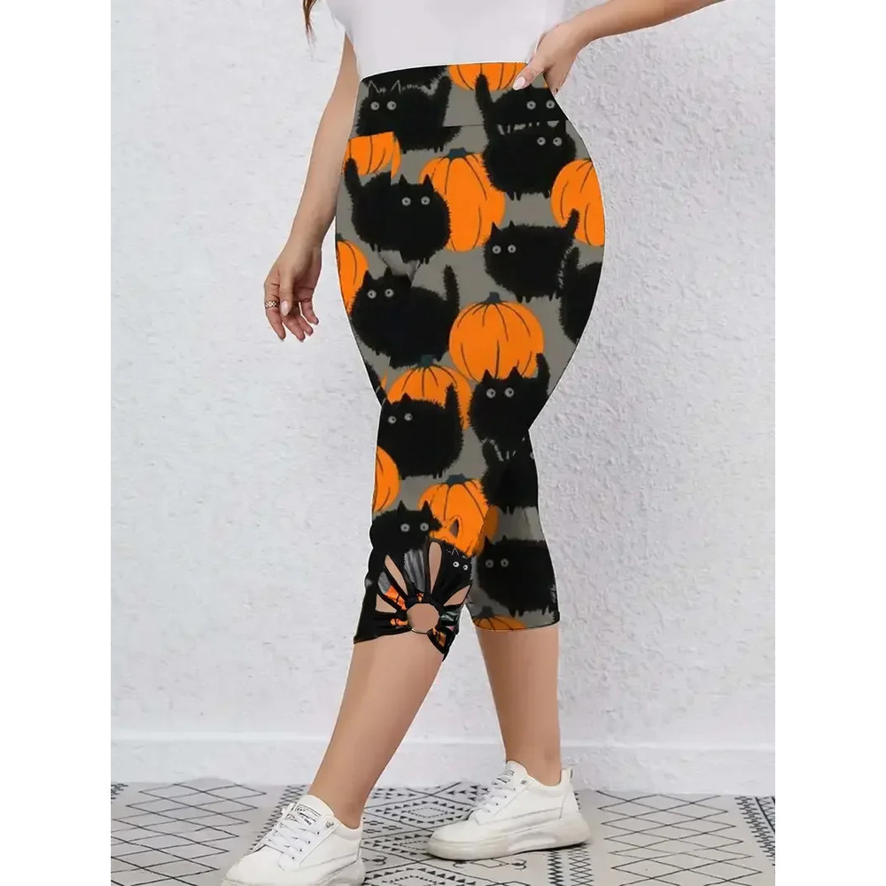 New Womens Fashion Capri Leggings High Rise Allover Cat And Pumpkin Print Cut Out Design 2
