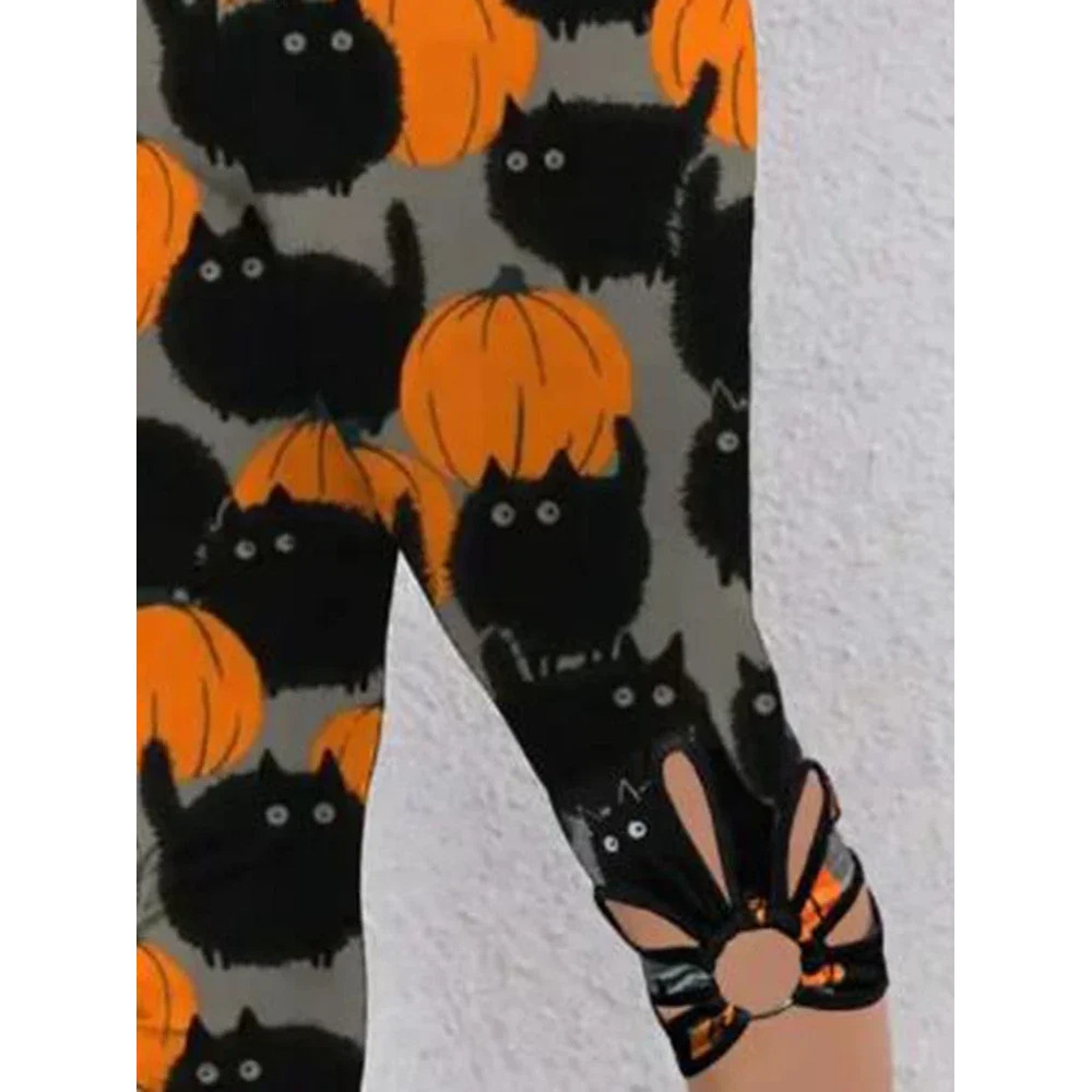 New Womens Fashion Capri Leggings High Rise Allover Cat And Pumpkin Print Cut Out Design 3